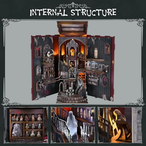 MiniCity Book Nook Kit with LED Light, DIY Miniature Dollhouse Booknook Kit, Creepy Scary 3D Wooden Puzzle Bookshelf Insert Decor for Stress Relief Craft for Book Lovers & Adult (Haunting Relics)