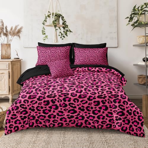 Leopard Print Comforter King Black and Pink Bedding Sets 8 Pcs Hot Pink Cheetah Animal Print Texture Wild Leopard Bed in A Bag with Comforter and Sheet Set Chumerry