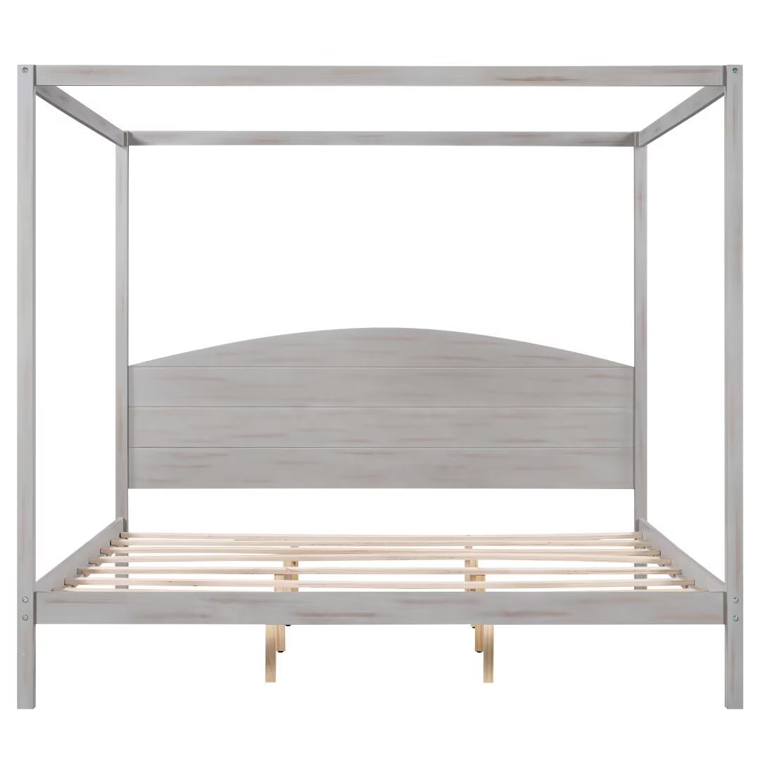 JIJIWANG King Size Canopy Bed Wood King Platform Bed Frame with Headboard and Slat Support Leg, 4 Posters King Bed Frame for Kids Teens Adults - Grey Wash JIJIWANG