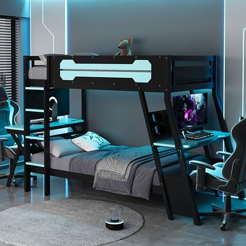 SOFTSEA Gaming Bunk Bed with Desk, Storage, Pegboard & Charging Station, Twin Over Twin Wood Bunk Bed with 2 Desks for Kids Teens & Adults, Space Saving, Black & Blue SOFTSEA