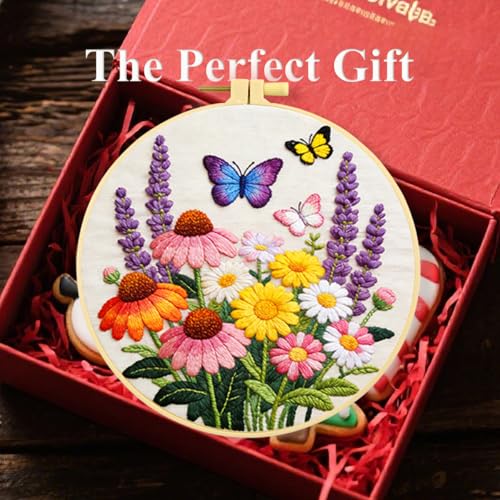 Zhenqing Flower Garden Embroidery Kit for Beginners, Pre-Printed 29x29cm Circular Cotton Fabric with 20cm Hoop, Vibrant Design with Butterflies and Lavender(JC0050