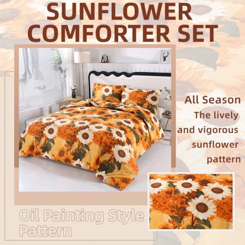 MAG 3Pcs Sunflower Full Comforter Sets,Microfiber Floral Full Size Bedding Sets,Boho Orange Flower Pattern,All Season Included 1 Comforter + 2 Pillowcases for Kids Boys Girls,Breathable and Wrinkle. MAG