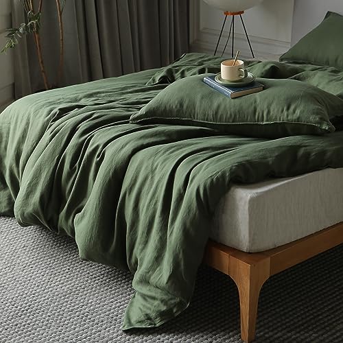 XZ XIFA Green Linen Duvet Cover Full, 100% Washed French Flax Linen Bedding Set with Zipper Closure, Cooling & Textured Bed Sets for Hot Sleepers(1 Duvet Cover, 2 Pillowcases) XZ XIFA