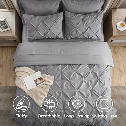 Bedsure King Size Comforter Set - Bedding Sets King 7 Pieces, Pintuck Bed in a Bag Grey Bed Set with Comforter, Sheets, Pillowcases & Shams Bedsure