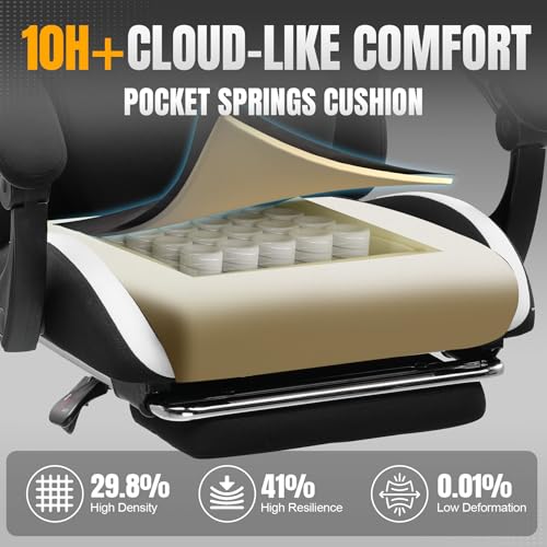 GTPLAYER Gaming Chair with Foot Rest & Pocket Spring Cushion, Breathable Fabric for Home Office Desk, Ergonomic High Back Computer Chair with Headrest & Lumbar Support, Black GTPLAYER