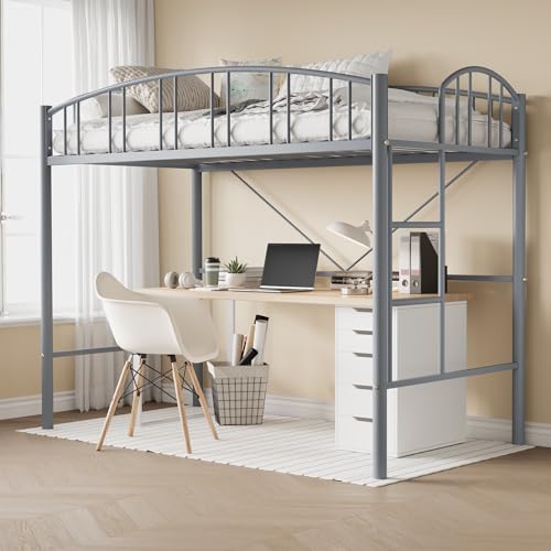 Garvee Loft Bed Twin Size with Ladde and Arched Guardrail, Heavy Duty Metal Loft Bed Frame for Kids and Adults, Sturdy Steel Slats Support, Small Space Saving Design, No Box Spring Needed, Gray Garvee