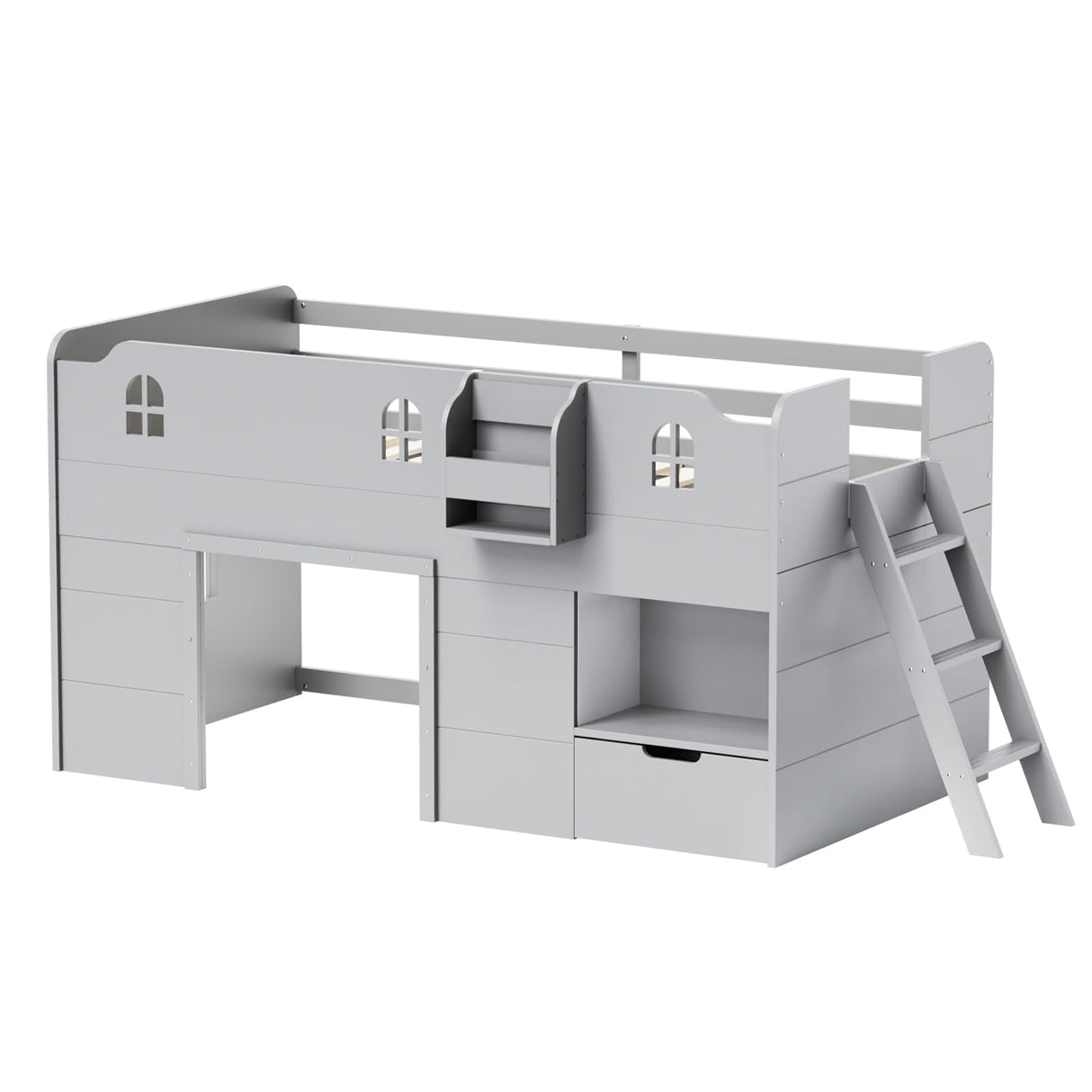 JOYMOR Loft Bed Twin Size with Led Light, Low Loft Bed with Storage Drawer, Modern Farmhouse Loft Bed with Castle Guardrail and Window, Book Rack, Smart APP Control, No Box Spring Needed (Gray) JOYMOR