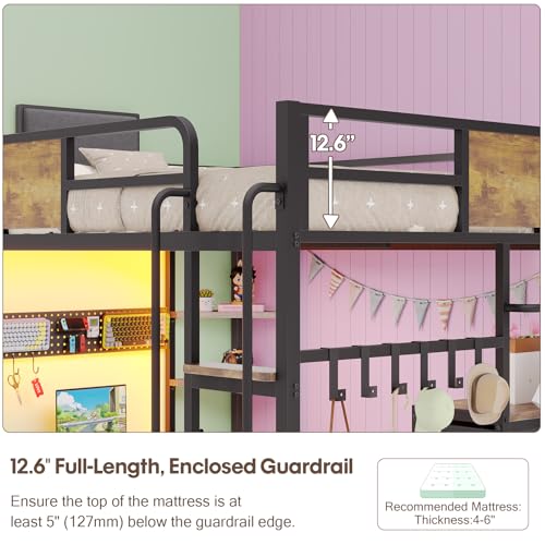 Dnxao Loft Bed with Desk Full Size,Full Size Bed Frame with 6 Storage Drawers, 2 Bedside Organizer,6 Movable Hooks,LED Lights & Charging Station,Safety Guardrail,No Box Spring Needed,Rustic Brown Dnxao