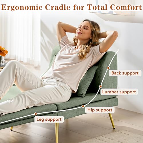 wanan Convertible Sofa Bed, 3-in-1 Futon Sleeper Chair with Back Support & Pillow, Chenille Fabric Single Daybed with Solid Wood Frame & Sturdy Metal Legs, for Living Room Bedroom, Vintage Green wanan