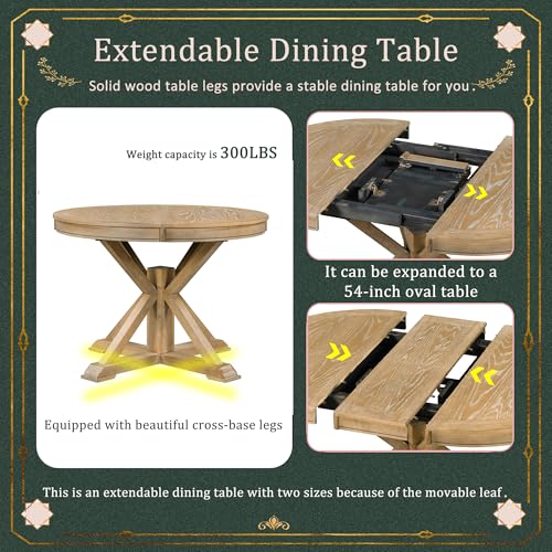 Bellemave Extendable Dining Table Set for 4, 5-Piece Round Table Set with 4 Chairs, Circle Table with Upholstered Chairs, Oval Kitchen Table Set with Extendable Table (Natural Wood Wash) Bellemave