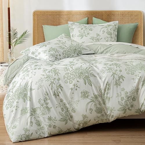 PHF Ultra Soft Floral Duvet Cover King Size, Printed Bedding Set 3 Pieces, Comfy Farmhouse Pattern Duvet Cover Set with 2 Pillow Shams, Zipper Closure and 8 Ties, 104"x90", Flower-Green PHF
