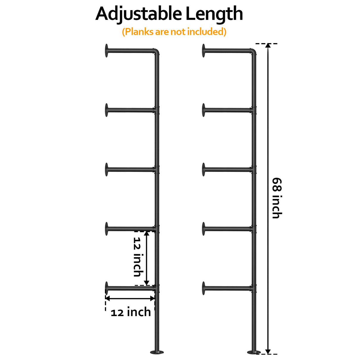 Pynsseu Industrial Iron Pipe Shelf Wall Mount, Farmhouse DIY Open Bookshelf, Pipe Shelves for Kitchen Bathroom, bookcases Living Room Storage, 2Pack of 5 Tier Pynsseu