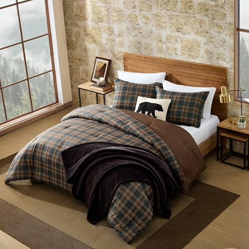 Eddie Bauer - Queen Comforter Set, Soft & Smooth Printed Bedding with Solid Reverse, 3 Piece Bed Set with Matching Pillowcases (Huntley Plaid Brown) Eddie Bauer