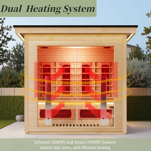 3-Person Far Infrared & Steam Dual-System Sauna Room, Outdoor Canadian Hemlock Wood Sauna, WiFi Control, Red Light Therapy, 11 Heaters & 4.5KW Harvia Stove, Left Door, 220-240V ZONEMEL
