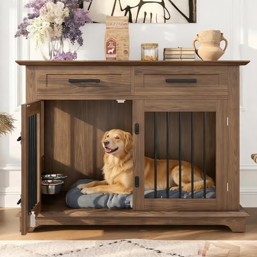 Merax 44.48" Large Dog Crate Furniture with Rotating Dog Bowls, Wooden Dog Kennel Furniture as End Table with 2 Storage Drawers, Decorative Pet Cage Indoor Dog House for Medium Dogs, Brown Merax
