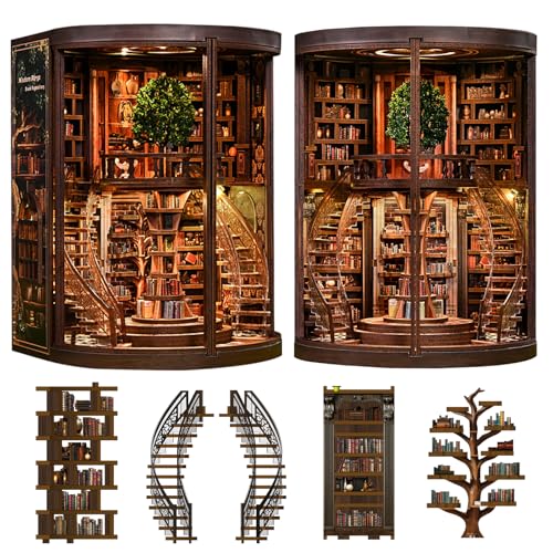 Roroom DIY Miniature House Kit, Wisdom Rings Book Repository Book Nook Kit with LED Light,3D Wooden Puzzle Miniature Dollhouse Kit for Bookshelf Decor-Creative Gift for Family and Friends
