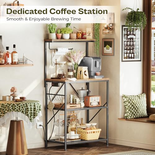 Huuger 4-Tier Bakers Rack with Reversible Power Outlet, 23.6 Inch Microwave Stand, Kitchen Coffee Bar, with Top Shelf, 6 S Hooks, Rustic Brown Huuger