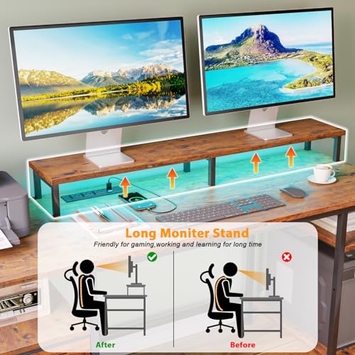 Furologee 61" Computer Desk with Power Outlet and USB Ports, Large Desk with Shelves and Drawer, Writing Study Desk with Fabric File Cabinet and Long Monitor Stand, Gaming Desk for Home Office Furologee