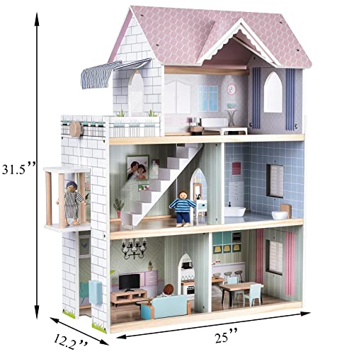Giant bean Wooden Dollhouse 2.6 feet High with Elevator, Doorbell, Light,15 Pieces Furnitures and 3 Dolls, Toy Gift for Girls Ages 3-7+ Giant bean
