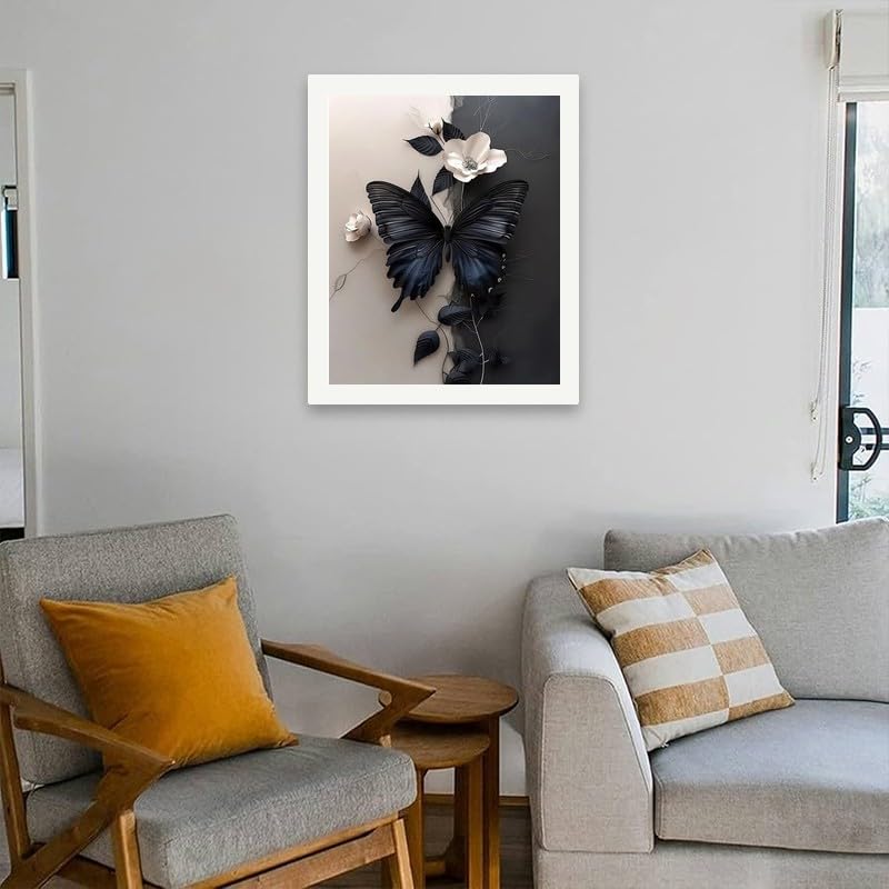 Butterfly Paint by Numbers Kit for Adults - DIY Black Butterfly and White Flowers Painting on Canvas 16x20 Inches,Acrylic Paint Set,Suitable for Beginners,Nature Art for Home Decoration/Gift TAOPAOLAB