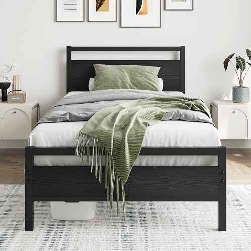 HOJINLINERO Black Twin Bed Frame with Wood Headboard,Metal Single Platform Bed Frame Twin Size No Box Spring Needed,Heavy Duty Metal Slats Support,Mattress Base,Noise Free,Easy Assembly,Black HOJINLINERO