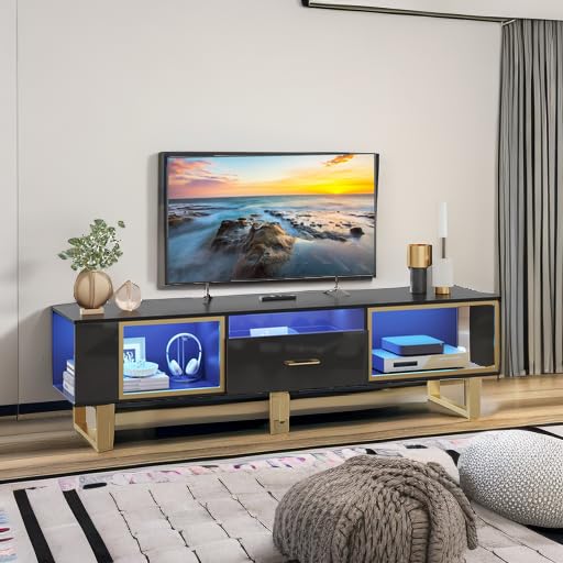 Bestier 70 Inch TV Stand with LED Lights for 75 Inch TV, Entertainment Center with Open Storage and Half-Glass Design Drawer, Modern High Gloss TV Console Table for Living Room, Black and Gold Bestier