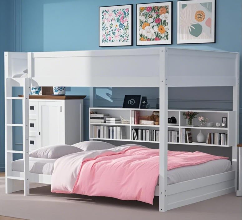 Modern Queen Over Queen Bunk Bed, Multifunctional Wood Bunk Bed with Storage Cabinets and USB Ports for Kids Teens Adults Bedroom (White-2) KLMM