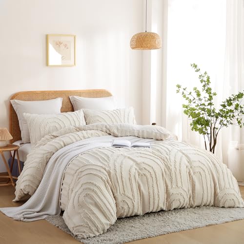Nayoroom Boho Duvet Cover Full Size Beige Tufted Chenille Rainbow Textured Comforter Cover 3 Pcs Luxury Soft Washed Microfiber Aesthetic Bedding Set with Zipper Closure for All Seasons Nayoroom