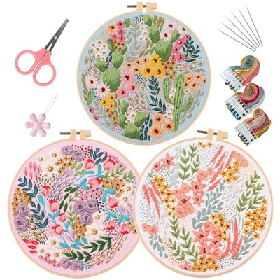 LB Pink Floral Embroidery Kit for Beginners Adults, 3 Sets Hand Embroidery Starter Kit with Cactus Flower Pattern and Instructions Stamped Cross Stitch Kits Include Embroidery Hoop Needles Threads