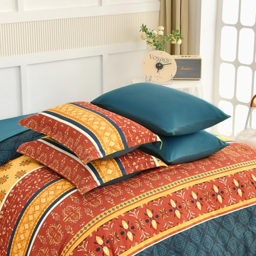 WONGS BEDDING Boho Comforter Set Queen Size,7 Pieces Bed in a Bag Bohemian Striped Bedding Set,Burnt Orange Paisley Floral Comfortet and Sheet Set,Soft Microfiber Bedding Sets for All Season WONGS BEDDING