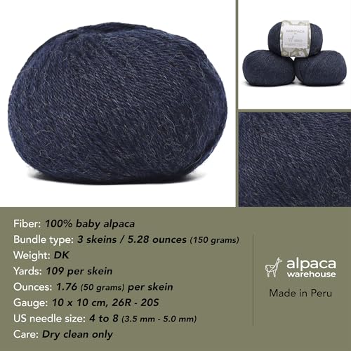 100% Baby Alpaca Yarn Wool Set of 3 Skeins DK Weight - Made in Peru - Heavenly Soft and Perfect for Knitting and Crocheting (Blue Jean, DK) Alpaca Warehouse