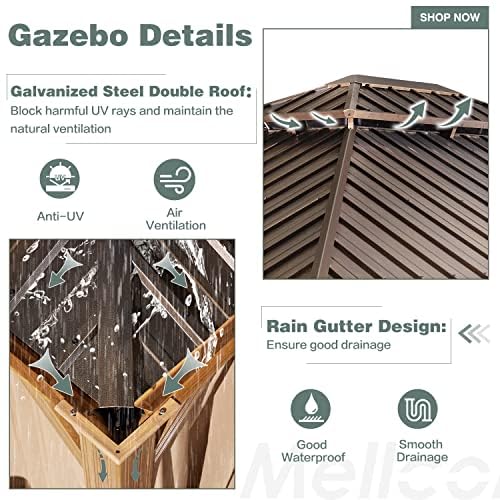 MELLCOM 12' X 14' Hardtop Gazebo, Wooden Finish Coated Aluminum Frame Gazebo with Galvanized Steel Double Roof, Brown Metal Gazebo with Curtains and Nettings for Patios, Gardens, Lawns MELLCOM