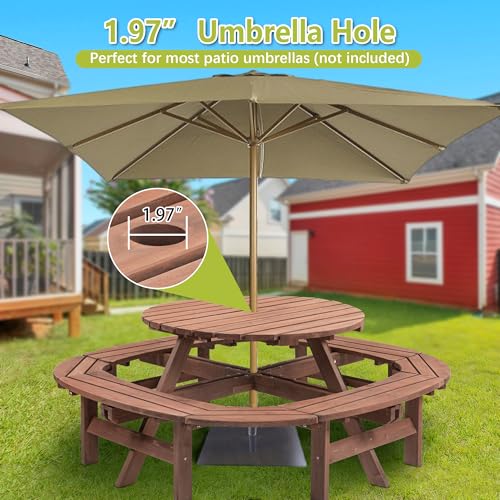 RocVanc 8-12 Person Outdoor Round Wooden Picnic Table with 8 Built-in Benches, Umbrella Hole, Lifetime Outside Table and Bench Set for Garden, Backyard, Porch, Patio and Deck RocVanc