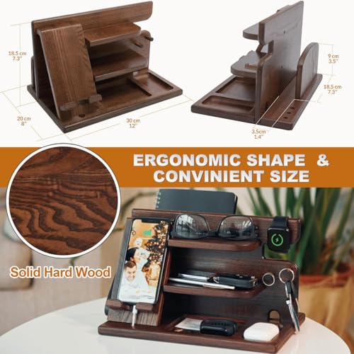 TESLYAR Wood Phone Docking Station for Men - Desktop or Nightstand Organizer - Birthday gifts for Men or Dad - Anniversary Idea from Wife - Key Holders, for Wallet, Watch & Essentials (Chestnut Brown) TESLYAR