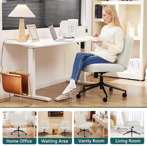 OLIXIS Criss Cross Chair with Wheels Wide Cross Legged Office Desk Vanity Chair Comfy Fabric Armless Adjustable Swivel for Home Computer Task Fabric Beige OLIXIS
