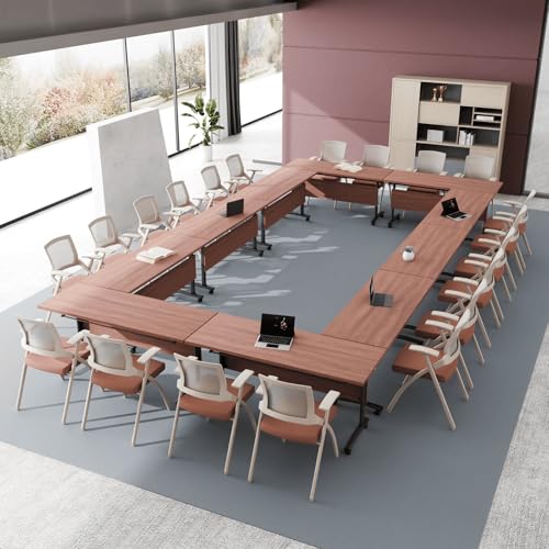 6PCS Modular Conference Table, Folding Conference Room Tables for Office, Mobile Large Foldable Seminar Training Meeting Tables with Wheels for Classroom, Office Computer Desk Walnut (L55.1in) IEDZBEQ