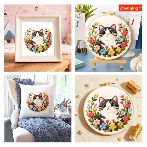 Zhenqing Kitten Embroidery Kit for Beginners, Pre-Printed 29x29cm Cotton Fabric with 20cm Hoop, Cute Cat in Flowers Design for Home Decor (C0243)
