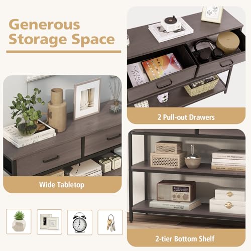 Giantex 3-Tier Entryway Table with Storage, Sofa Table w/ 2 Large Drawers, 2 Open Storage Shelves, Anti-toppling Device, Side Table w/Metal Frame, Console Table for Hallway, Living Room, Grey Oak Giantex