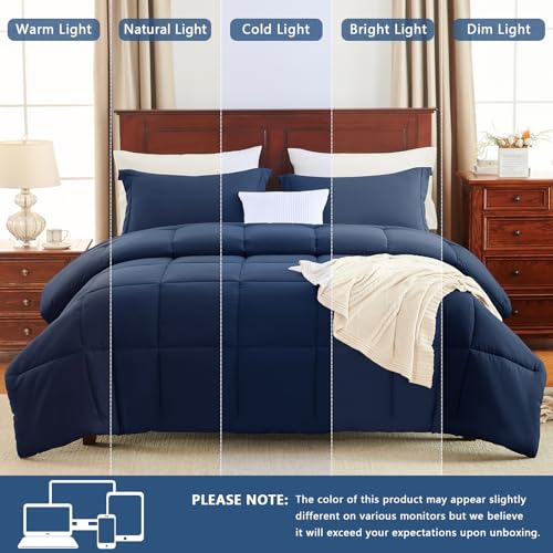 CozyLux Full Size Comforter Sets - Navy Blue Comforter Full Size, 3 Pieces Box Stitched Bed Set for All Seasons, Soft Lightweight Bedding Sets with 1 Down Alternative Comforter and 2 Pillow Shams CozyLux