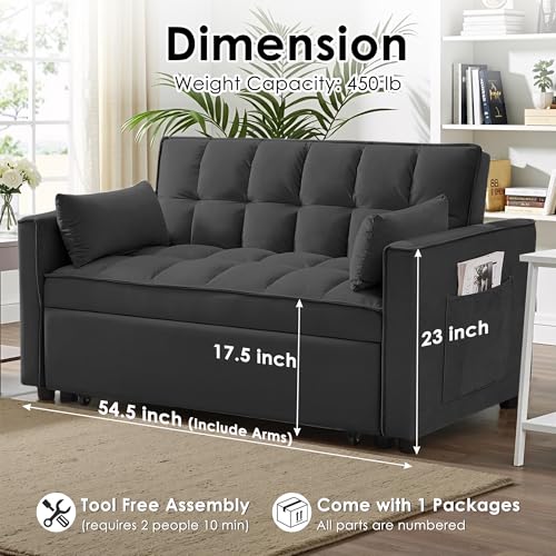 tiramisubest Sleeper Sofa Bed,55'' Convertible Pull Out Couch with Side Pockets,Velvet Fabric Loveseat Sleeper Sofa with Adjustable Backrest for Living Room,Apartment(Black) tiramisubest