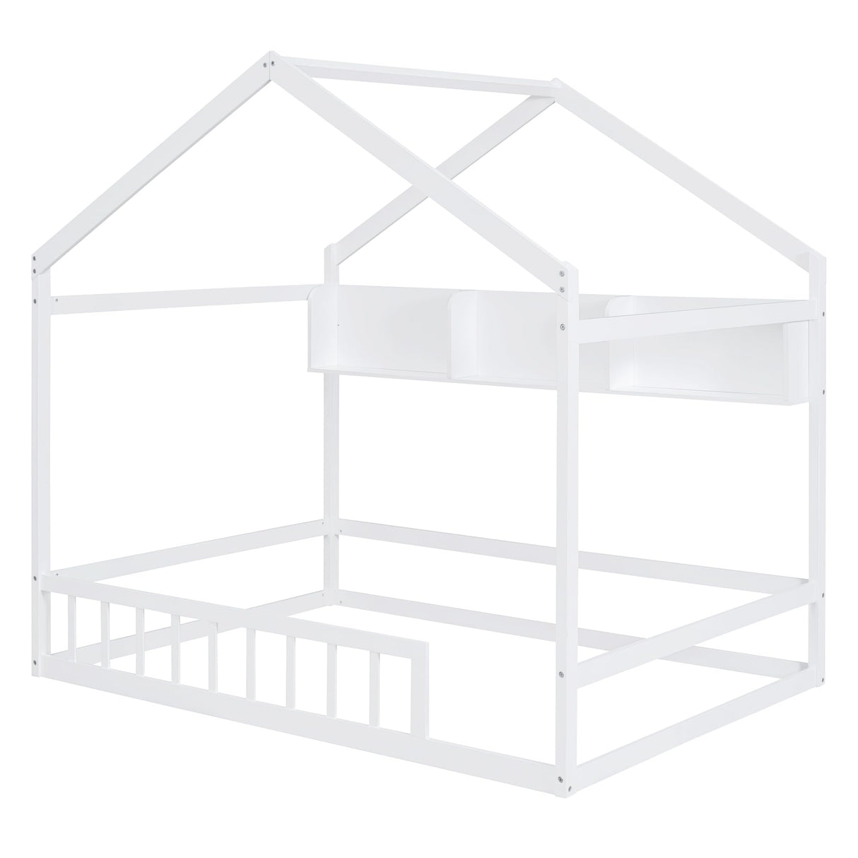 Bellemave Wooden Montessori Full Size House Bed with Fence Railings and Storage Shelf in White Bellemave
