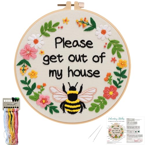 Nuberlic Funny Bee Embroidery Kits for Beginners, Please Get Out of My House Embroidery Kit for Adults- Easy Cross Stitch Starter Kit with Printed Fabric, Hoop, Needles Instruction and Threads