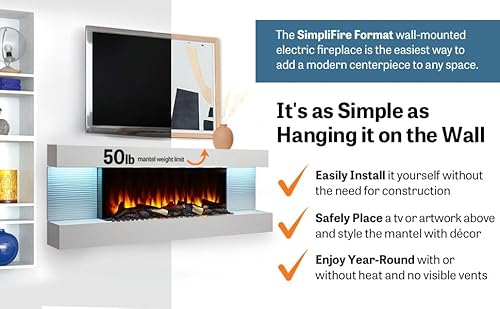 SimpliFire Format 36-Inch Wall Mount Electric Fireplace with 50-Inch Floating Mantel (SF-FORMAT36-SF-FM50-WH) SIMPLIFIRE
