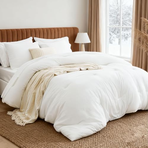 Bedsure California King Size Comforter Set, White Soft Prewashed Bedding for All Seasons, 7 Pieces Warm Winter Down Alternative Bed Set, Fluffy Bed in a Bag with Sheets, Pillowcases & Shams Bedsure