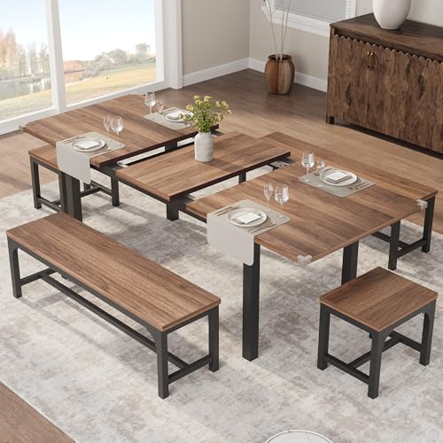 Garvee 47.3"-63" Extendable Dining Table for 4-8, Rectangular Wood Kitchen Table with Strong Metal Frame, Industrial Long Dining Room Table with 2 Benches and 2 Stools for Kitchen Living Room Home Garvee
