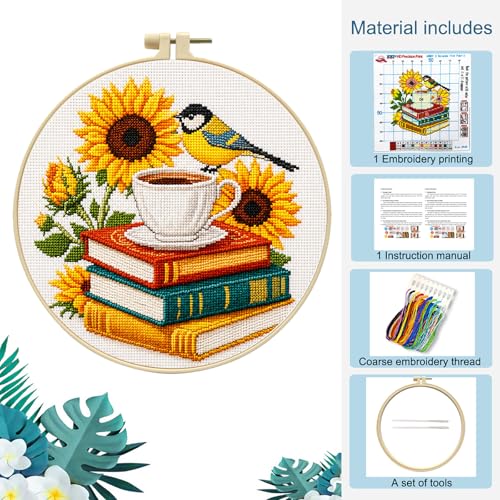 Zhenqing Sunflower Bird & Books Cross Stitch Kit with 11CT Printed Fabric 24x24cm - Includes Hoop, Pre-Sorted Threads, Needles, Instructions