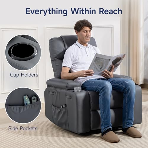Brage Living Power Lift Recliner Chair for Elderly with Massage & Heat, 160° Adjustable PU Leather Electric Recliner with Remote, Cup Holders, Side Pockets, and Stand Assist for Living Room (Grey)