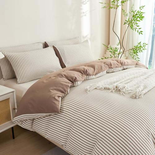 TISPLR Comforter Set Queen Size Striped Soft Luxury Washed Microfiber Jacquard 3 Pieces Bedding, White Dark Brown Vertical Ticking Stripes Comforter with 2 Pillowcases Breathable Durable Comfy TISPLR