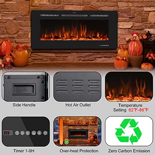 36'' Smart Electric Fireplace Inserts, Recessed & Wall Mount Electric Heater and Linear Fireplace with APP& Touch Screen &Remote Control, 62-99°F Temperature, Hard Wired & Plug in Benrocks