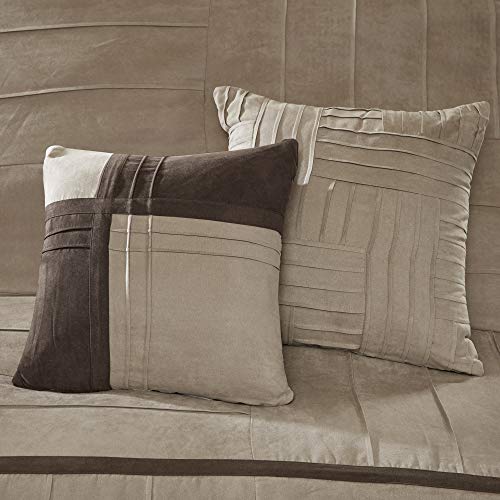 Madison Park Cozy Comforter Set Casual Blocks Design All Season, Matching Bed Skirt, Decorative Pillows, Queen(90"x90"), Dune Suede, Beige Brown, 7 Piece Madison Park